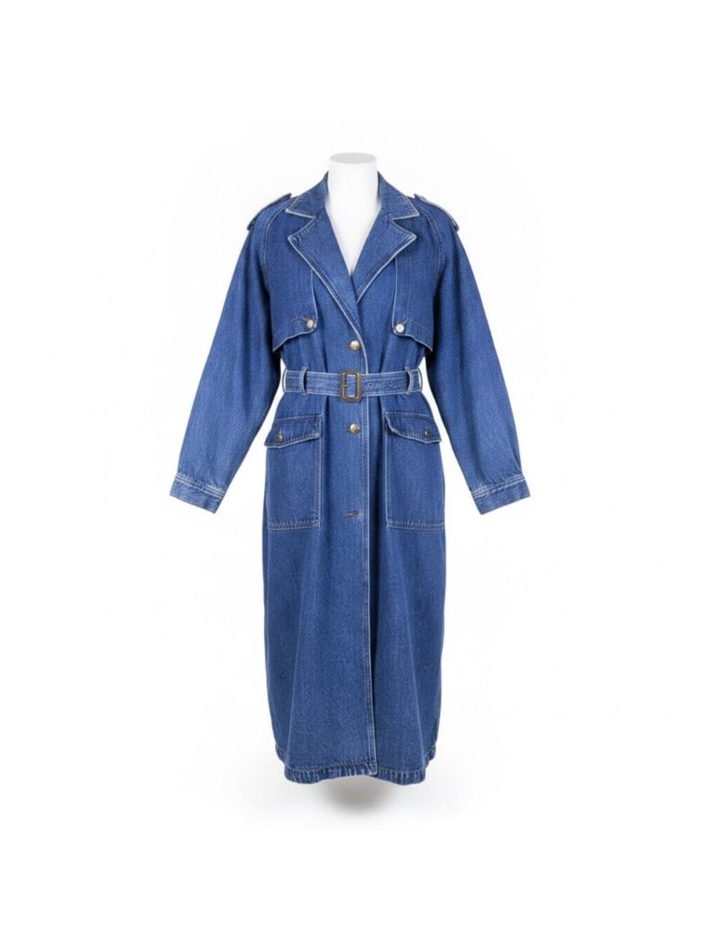 Together Womens Blue Cotton Denim Trench Coat Belted Buttoned Long-Line Size 8